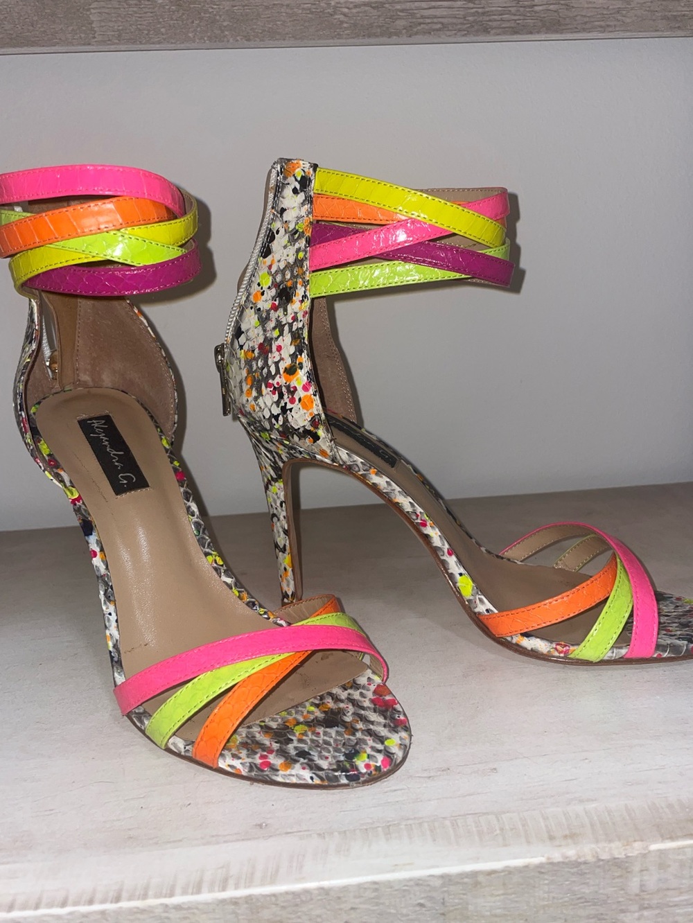 Alejandra G Neon Multi-Color Strappy High Heel Leather Sandals  - Women